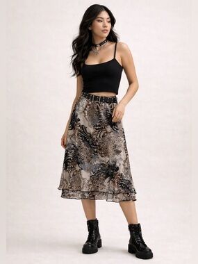 Y2K Dragon Print Mesh Midi Skirt Dark Fairy Judy Logan Sz L